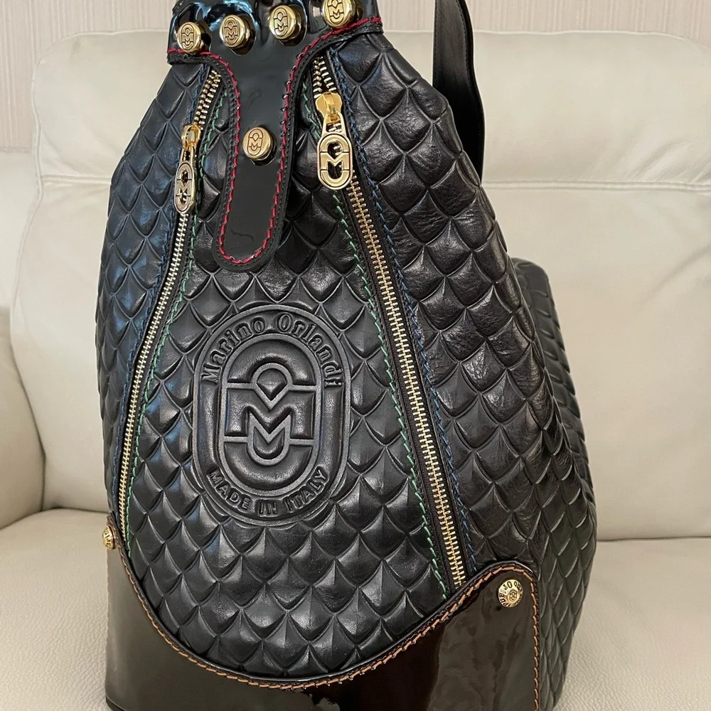 MARINO ORLANDI Italy XL BLACK ShoulderBag/Tote converts to Sling Emboss Leather - Picture 14 of 15